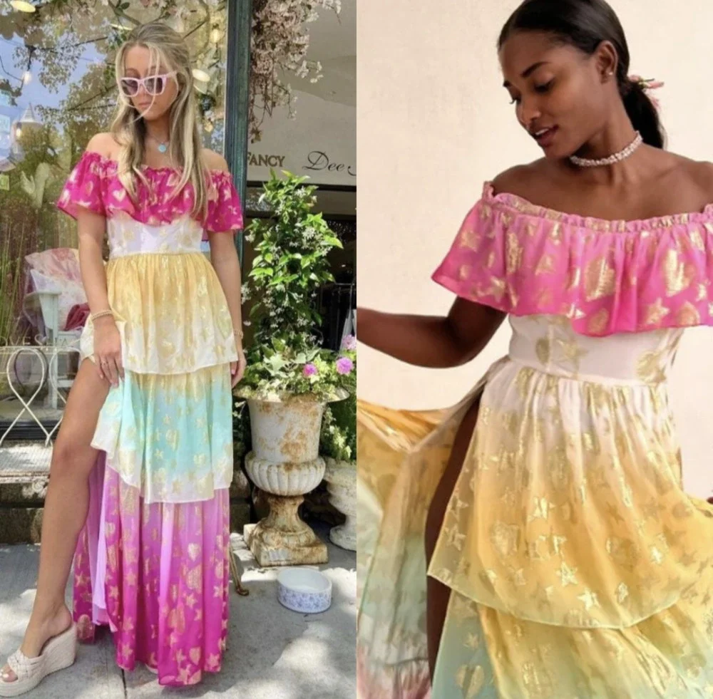 LoveShackFancy Multicolor Metallic Tiered Maxi Dress Pink Gold Stars NWT Size 4
